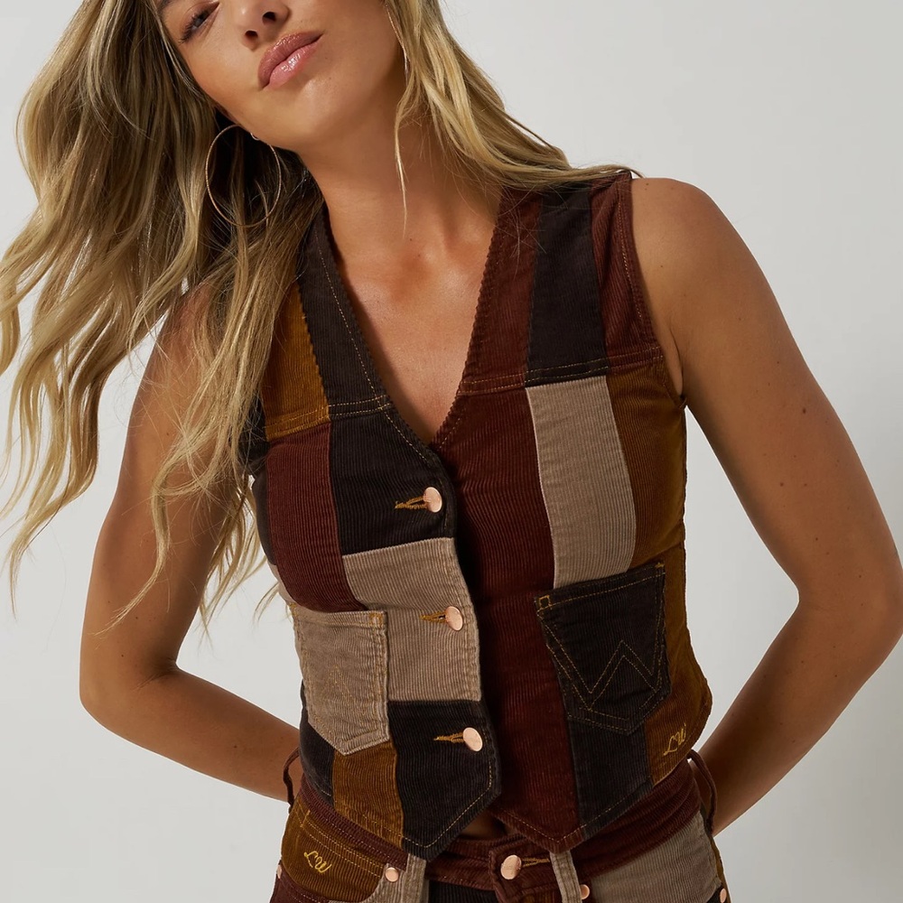 Lainey Wilson Patchwork Corduroy Vest in Earth Tones